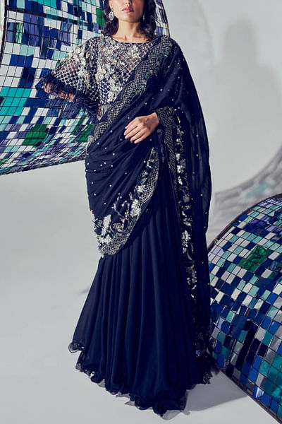 Navy blue draped sari set