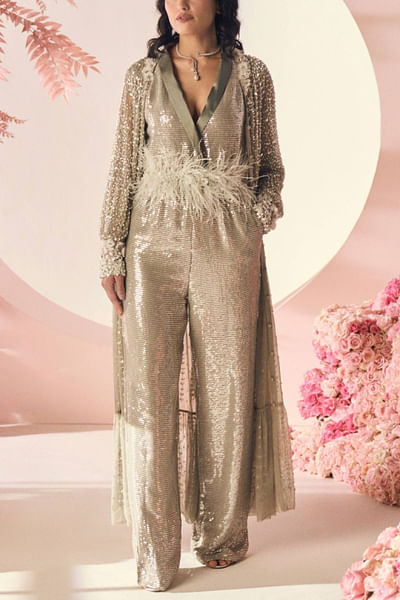 Mint embroidered jumpsuit and jacket