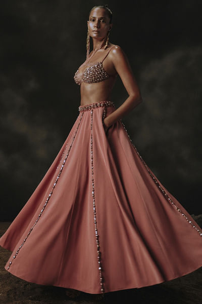Pink holographic bead embroidered lehenga set