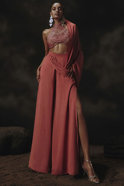 Pink bead embellished palazzo sari set