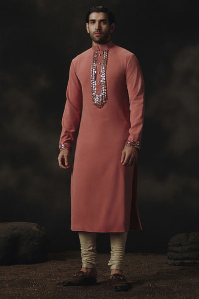 Pink bead embroidered kurta set