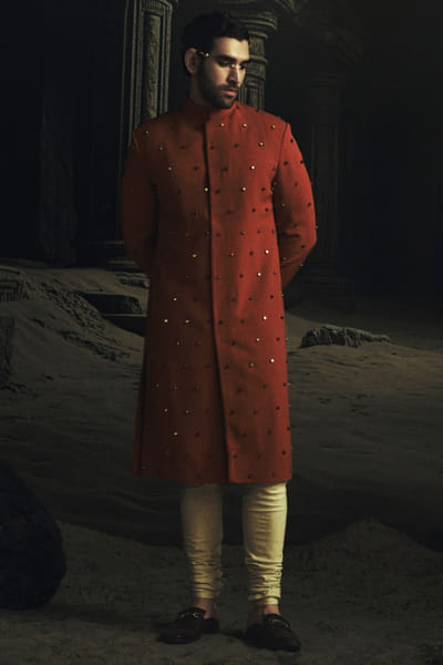 Nikhil Thampi Rust bead embroidered sherwani set NIKJUL25D132357
