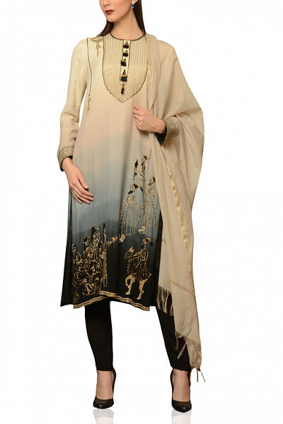 Ombre embroidered kurta with pants and dupatta