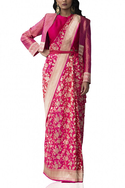 Pink katan silk sari & jacket set