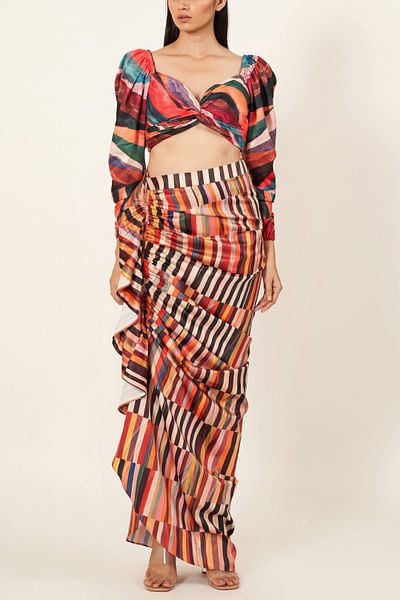 Multicolour printed blouse and skirt
