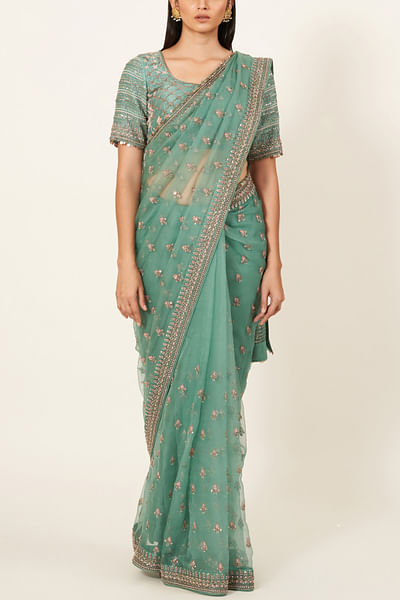 Teal green embroidered sari
