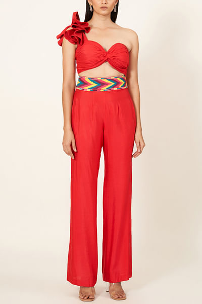 Red cotton silk top and pants