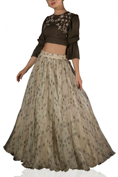 Brown and beige floral lehenga set