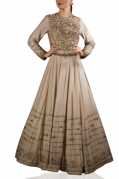 Beige lotus embroidered gown