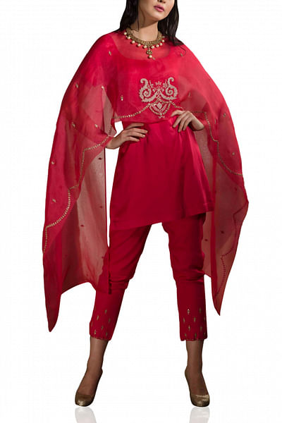 Short kurta with embroidered pants and cape-style dupatta