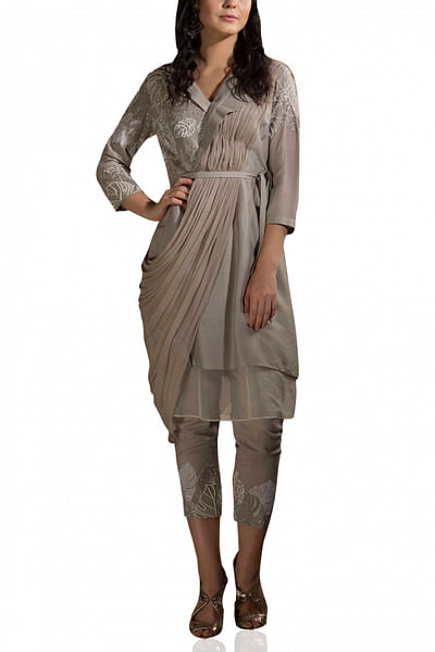 Embroidered kurta, attached dupatta and pencil pants