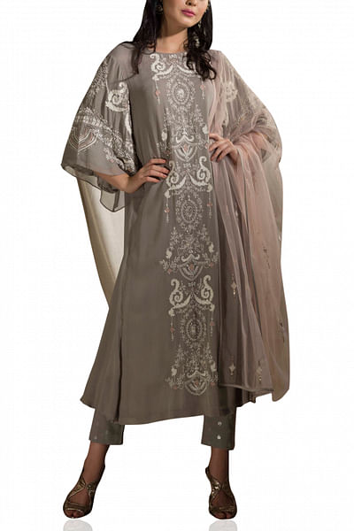 Embroidered A-line kurta with pants and dupatta