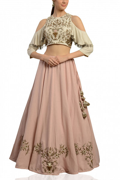 Pastel pink lehenga with ivory cold-shoulder blouse