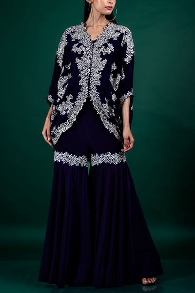 Blue embroidered gharara and jacket