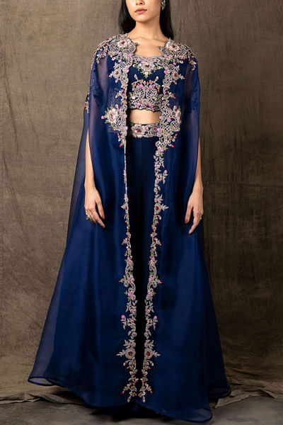Blue embroidered cape and pants set