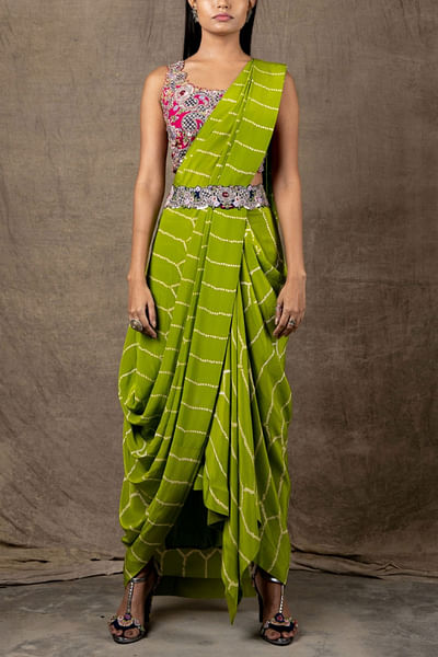 Green cowl draped sari set