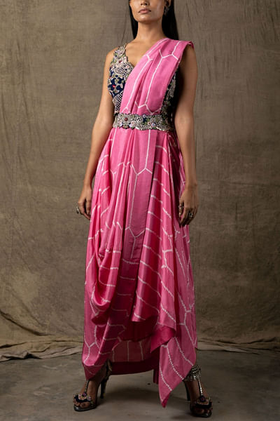Pink cowl draped sari set