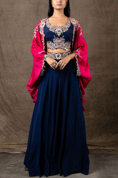 Navy blue embroidered blouse and pants set