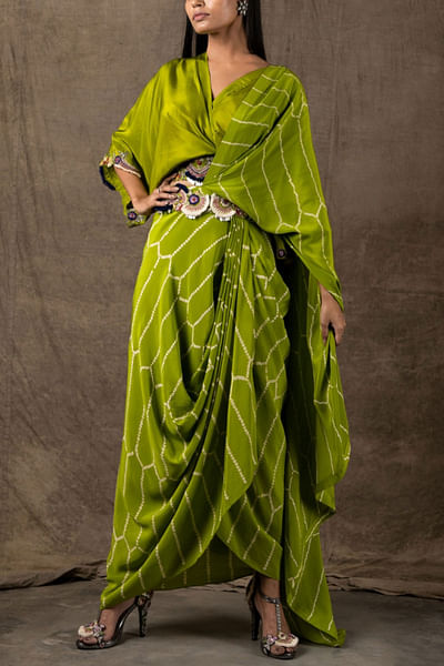 Green bandhani pre-draped sari set