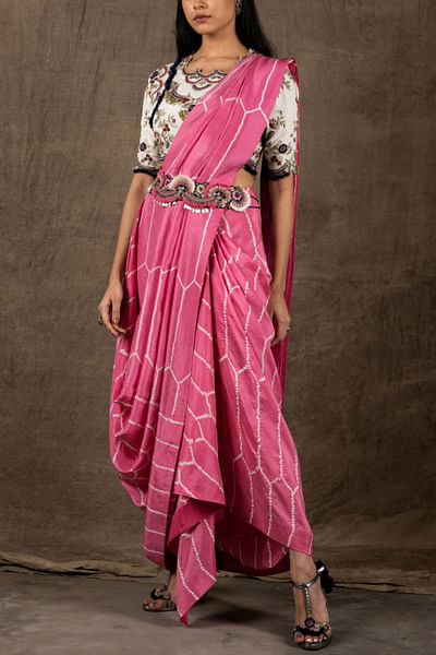 Pink bandhani cowl draped sari set