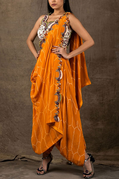 Yellow draped dhoti sari set