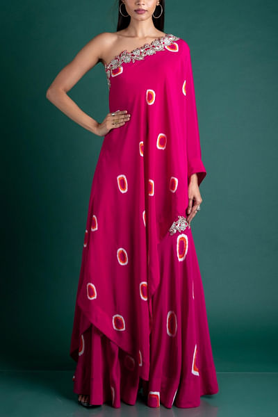 Pink one shoulder cape and gharara