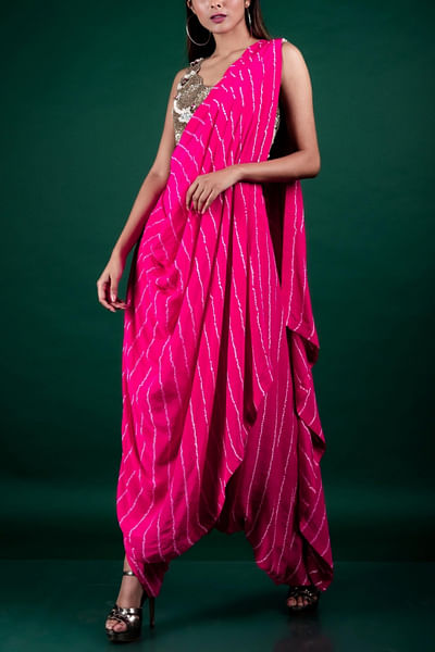 Pink bandhani sari and blouse
