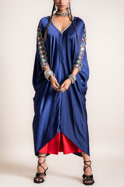Navy blue embroidered kaftan and lungi