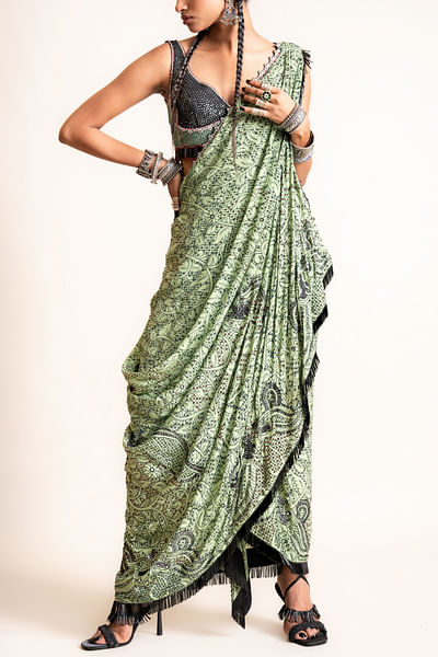 Jade pre-draped sari and blouse