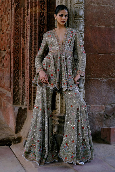 Golden beige zari embroidered peplum set
