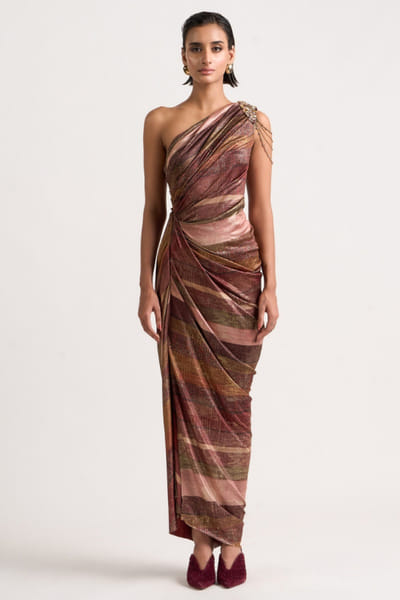 Multicolour printed draped dress