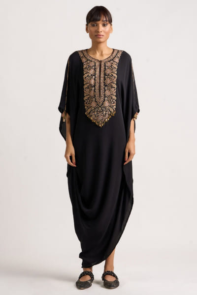 Black embroidered cowl kaftan