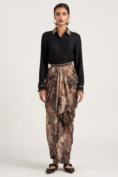 Black mukaish embroidered silk shirt