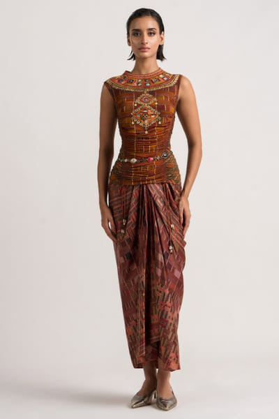 Russet brown printed drape skirt