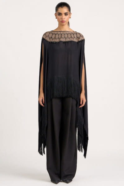 Black and beige tribal embroidered cape top