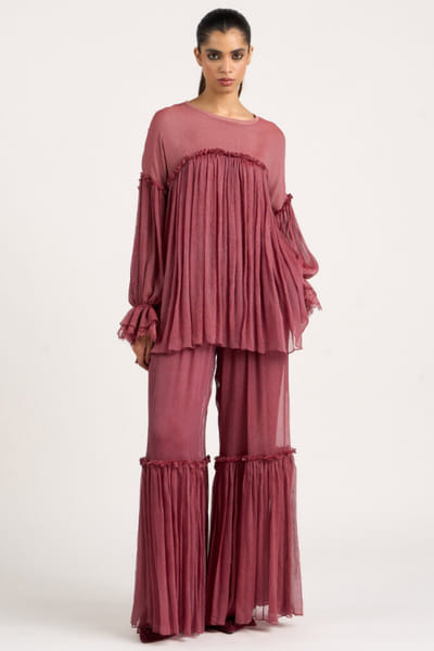 Rose dual toned gathered silk top