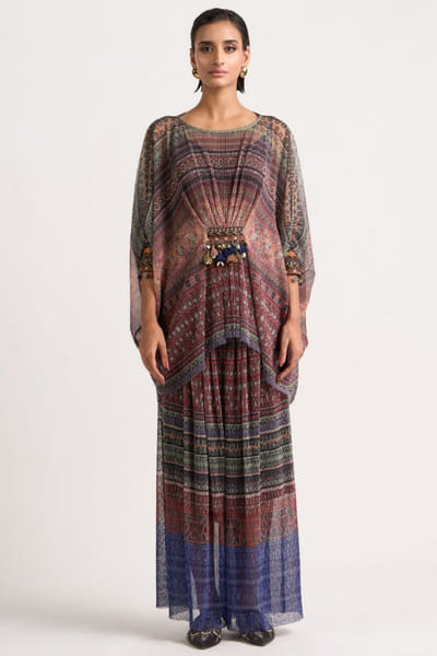 Multicoloured printed crinkle kimono top