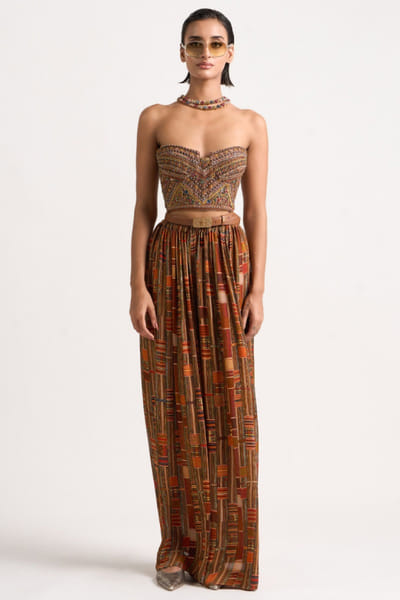 Russet brown printed gathered trousers