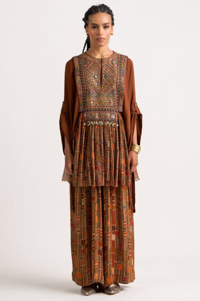 Russet brown kutchi embroidered tunic