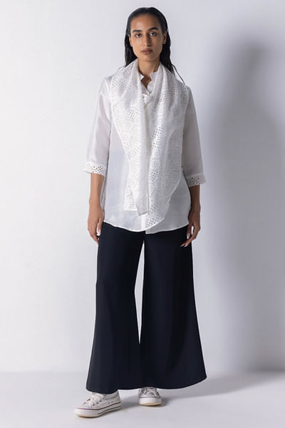 White cutwork scarf shirt