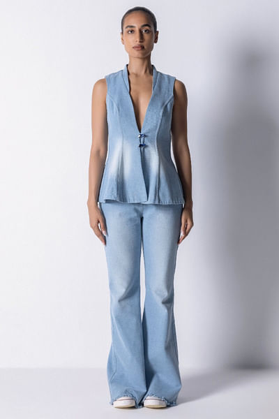 Blue denim sleeveless blazer