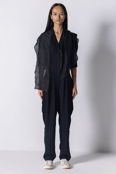 Black laser-cut scarf attached jumpsuit