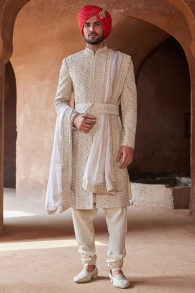 Beige dabka embroidered sherwani set