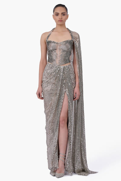 Silver sequin embellished and draped skirt set