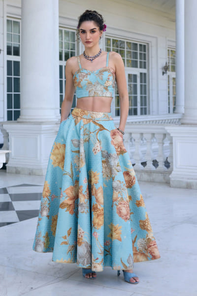 Kalista Sky blue floral printed skirt set KALAPR25D124819