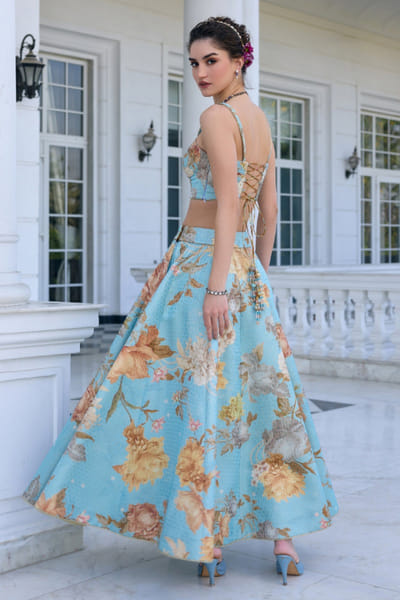 Kalista Sky blue floral printed skirt set KALAPR25D124819