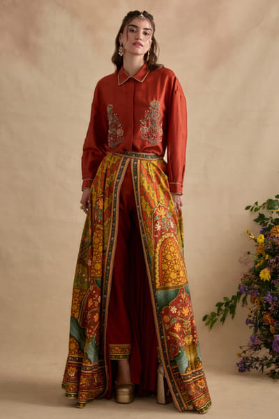 Multicolour printed front open skirt set