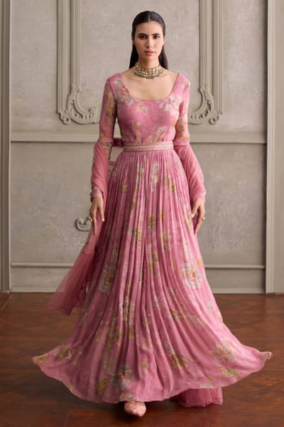 Kalista Salmon pink floral printed anarkali set KALIJUL26D150685