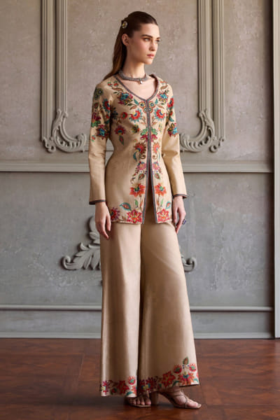 Kalista Beige floral embroidered co-ord set KALIJUL26D150691