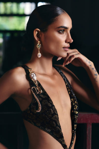 Rose gold prehnite stone studded drop earrings